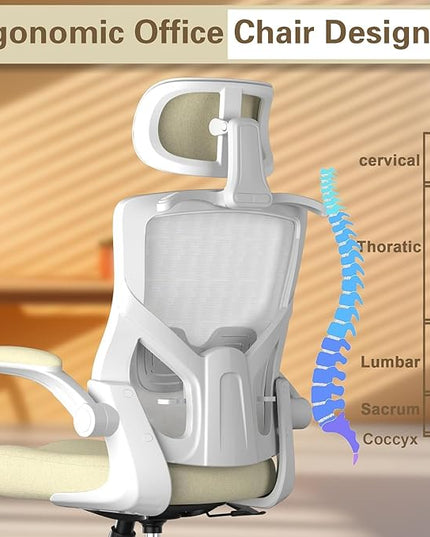 Ergonomic Office Chair, High Back Mesh Desk Chair with Thick Molded Foam Cushion, Coat Hanger, Adjustable Headrest, Lumbar Support, Tilt & Lock Function - Task Computer Chair (Beige) - LeafyLoom