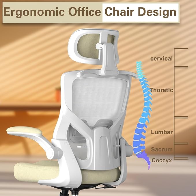 Ergonomic Office Chair, High Back Mesh Desk Chair with Thick Molded Foam Cushion, Coat Hanger, Adjustable Headrest, Lumbar Support, Tilt & Lock Function - Task Computer Chair (Beige) - LeafyLoom