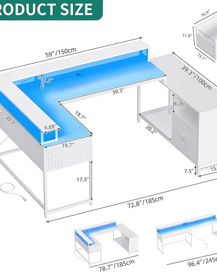 YITAHOME U Shaped Desk, L Shaped Desk with Drawers, Reversible Computer Desk with Power Outlets & LED Lights, Corner Desk Office Desk with Monitor Stand & Storage Shelves, White - LeafyLoom
