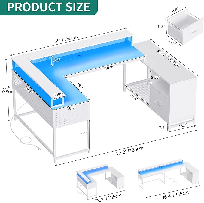 YITAHOME U Shaped Desk, L Shaped Desk with Drawers, Reversible Computer Desk with Power Outlets & LED Lights, Corner Desk Office Desk with Monitor Stand & Storage Shelves, White - LeafyLoom