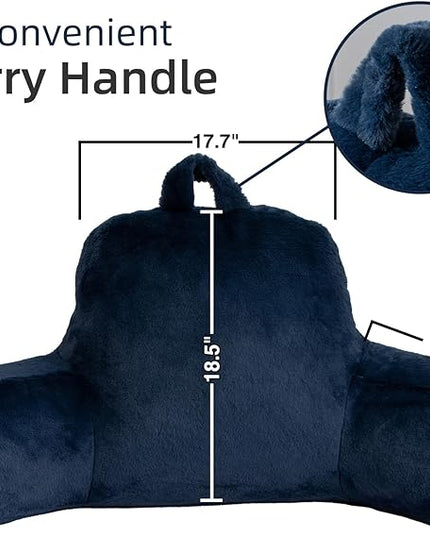 A Nice Night Faux Fur Soft Reading Pillow Bed Wedge Adult Backrest with Arms Back Support for Sitting Up in Bed/Couch for Bedrest,Navy,Large - LeafyLoom