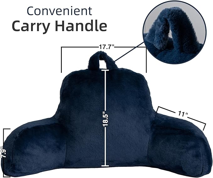 A Nice Night Faux Fur Soft Reading Pillow Bed Wedge Adult Backrest with Arms Back Support for Sitting Up in Bed/Couch for Bedrest,Navy,Large - LeafyLoom