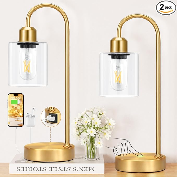 Innqoo Gold Industrial Touch Table Lamps for Bedrooms Set of 2-3-Way Dimmable Nightstand Lamps with USB C+A Ports and Outlet, Gold Bedside Lamps with Glass Shade, Desk Lamps for Home Office - LeafyLoom
