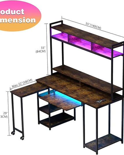 Lvifur RGB Gaming Desk with Wireless Charging Station,7 Dynamic & 24 Static Dimmable Computer Desk with Movable Table, 55'' Home Office Small Desk with Keyboard Tray,Monitor Stand,Display Stand - LeafyLoom