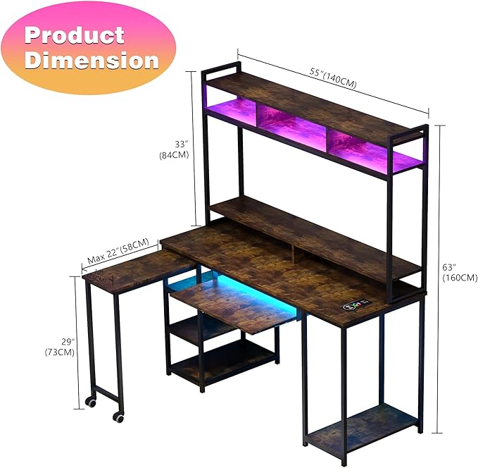 Lvifur RGB Gaming Desk with Wireless Charging Station,7 Dynamic & 24 Static Dimmable Computer Desk with Movable Table, 55'' Home Office Small Desk with Keyboard Tray,Monitor Stand,Display Stand - LeafyLoom