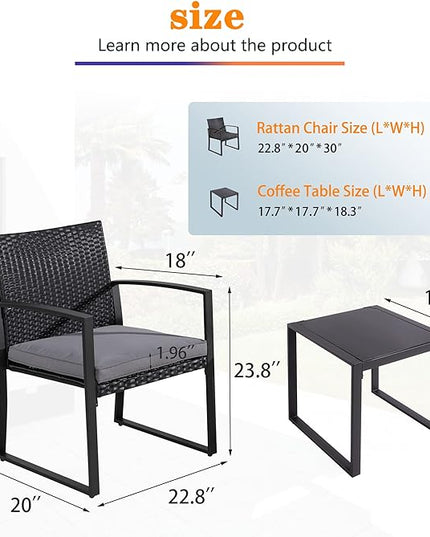 Shintenchi 3 Pieces Outdoor Patio Furniture Set, Modern Wicker Bistro Set, Conversation Rattan Chair of 2 with Coffee Table for Yard Porch Poolside Lawn(Grey Cushion) - LeafyLoom