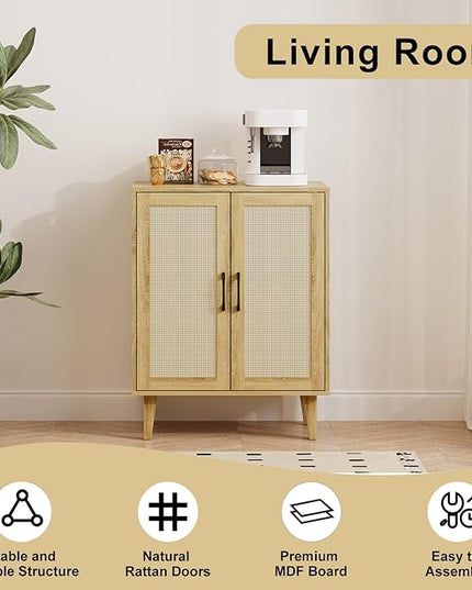 Rattan Decorated Buffet Cabinet - 2 Doors Simple Style Storage Cabinet, Shoe Cabinet with Adjustable Shelves, Sideboard for Kitchen, Living Room, Hallway, Entryway (Natural Wood) - LeafyLoom