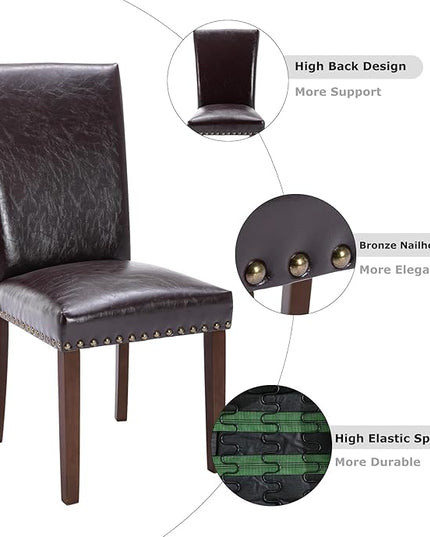 COLAMY Upholstered Parsons Dining Chairs Set of 6, PU Leather Dining Room Kitchen Side Chair with Nailhead Trim and Wood Legs - Dark Brown - LeafyLoom