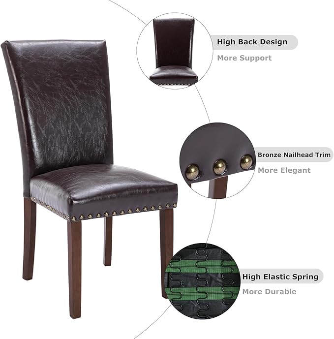 COLAMY Upholstered Parsons Dining Chairs Set of 2, PU Leather Dining Room Kitchen Side Chair with Nailhead Trim and Wood Legs - Dark Brown - LeafyLoom