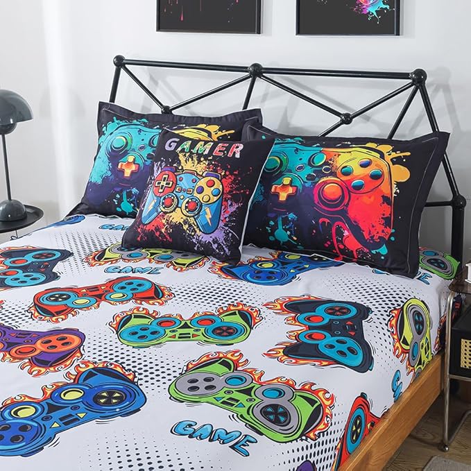 ADASMILE A & S Gamer Comforter Sets for Boys Teens 6 Pieces Gaming Bedding Set Twin Size Colorful Video Game Gaming Comforter for Kids Gamer Bed in A Bag Comforter with Gamer Sheets Home Decor - LeafyLoom