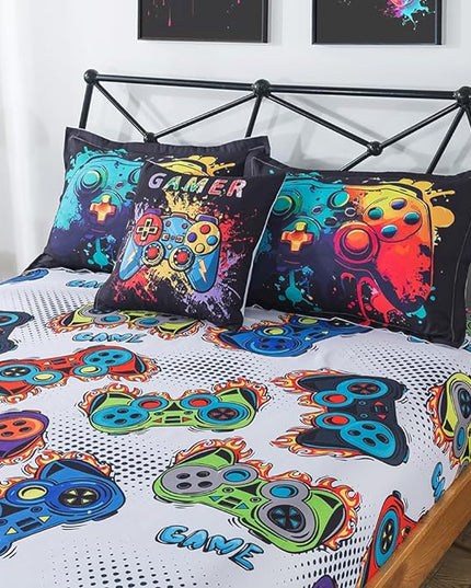 ADASMILE A & S Gamer Comforter Sets for Boys Teens 6 Pieces Gaming Bedding Set Full Size Colorful Video Game Gaming Comforter for Kids Gamer Bed in A Bag Comforter with Gamer Sheets Home Decor - LeafyLoom