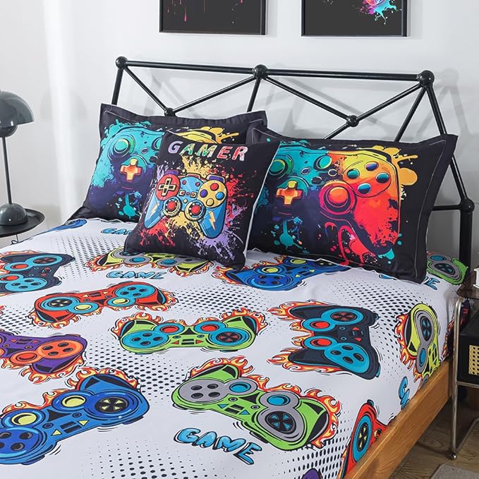 ADASMILE A & S Gamer Comforter Sets for Boys Teens 6 Pieces Gaming Bedding Set Full Size Colorful Video Game Gaming Comforter for Kids Gamer Bed in A Bag Comforter with Gamer Sheets Home Decor - LeafyLoom