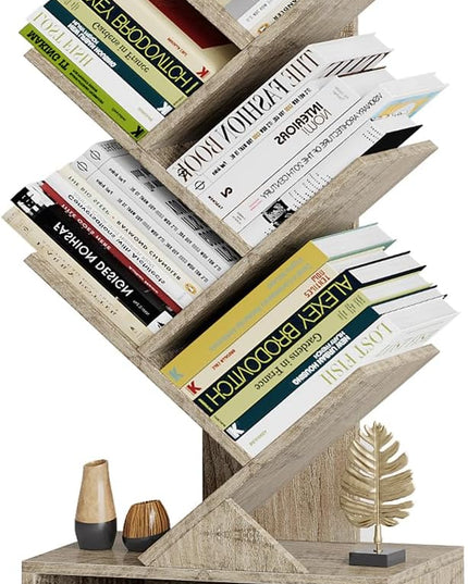 Vagusicc 6 Tier Tree Bookshelf, Modern Floor Standing Bookcase with Storage Drawer, Space Saving Storage Organizer Book Shelves for Books, Tall Wood Storage Rack for Bedroom/Living Room/Home Office - LeafyLoom