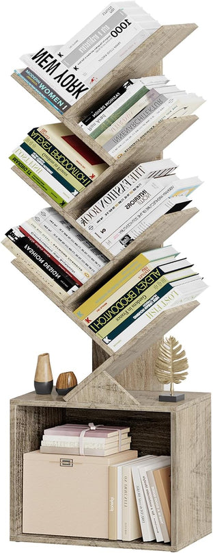 Vagusicc 6 Tier Tree Bookshelf, Modern Floor Standing Bookcase with Storage Drawer, Space Saving Storage Organizer Book Shelves for Books, Tall Wood Storage Rack for Bedroom/Living Room/Home Office - LeafyLoom