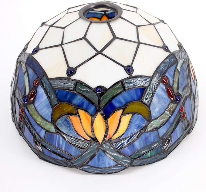 WERFACTORY Tiffany Floor Lamp Blue Lotus Flower Stained Glass Light 12X12X66 Inches Pole Torchiere Standing Corner Torch Uplight Decor Bedroom Living Room Home Office S220 Series - LeafyLoom