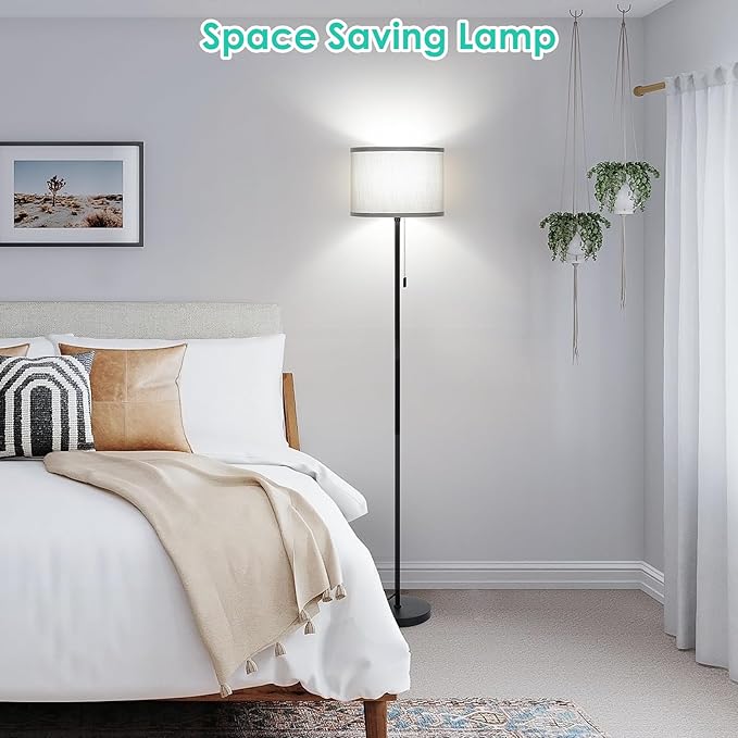 FOLKSMATE Floor Lamp for Living Room, Modern LED Simple Standing Lamps, Minimalist Tall Lamp for Bedroom, Living Room, Office, Kids Room, Reading Light, Black Pole Lamp with Grey Shade, without Bulb - LeafyLoom