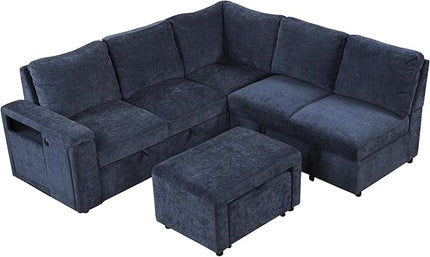 90.6'' L-shaped Modular Sectional Sofa with Storage Space, Ottoman and Pull-Out Bed, 6 Seat Upholstered Couch w/USB Ports & Cup Holders, for Living Rooms, Offices, Apartments, Blue, 90.6 Inch - LeafyLoom