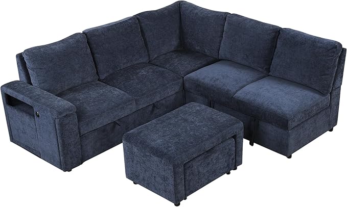 90.6'' L-shaped Modular Sectional Sofa with Storage Space, Ottoman and Pull-Out Bed, 6 Seat Upholstered Couch w/USB Ports & Cup Holders, for Living Rooms, Offices, Apartments, Blue, 90.6 Inch - LeafyLoom