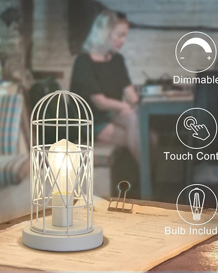 Bedside Touch Lamp, Small Table Lamp for Bedroom Living Room, 3 Way Dimmable Modern Nightstand Lamp, Simple Desk Lamp with White Metal Cage Shade, 2700K LED Bulb Included - LeafyLoom