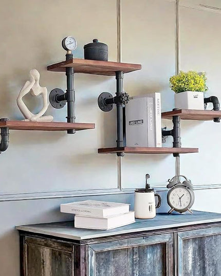 Industrial Rustic Modern Solid Wood Ladder Pipe Wall Mounted Floating Shelves – 4 Tiers Bookshelf,DIY Storage Shelving,Hung Bracket,Bookcases - LeafyLoom