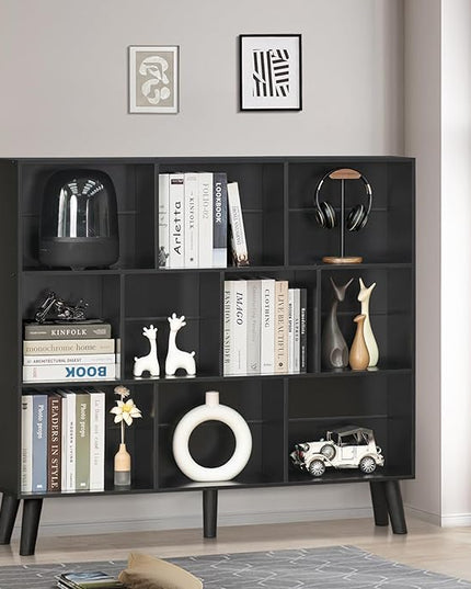 YAHARBO 10 Cube Bookshelf,3 Tier Bookcase with Legs,Black Mid-Century Modern Bookshelves,Large Free Standing Open Storage Organizer Shelf,Tall Wooden Book Case Furniture for Bedroom,Living Room,Office - LeafyLoom