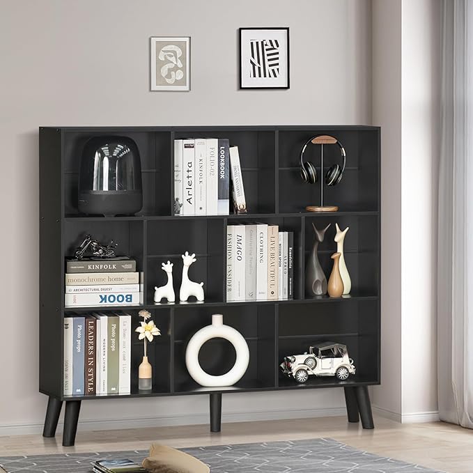 YAHARBO 10 Cube Bookshelf,3 Tier Bookcase with Legs,Black Mid-Century Modern Bookshelves,Large Free Standing Open Storage Organizer Shelf,Tall Wooden Book Case Furniture for Bedroom,Living Room,Office - LeafyLoom