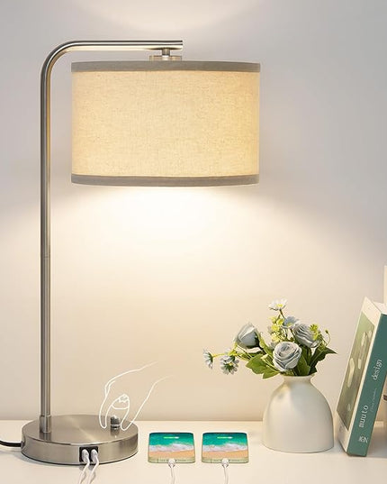 Table Lamp for Living Room, Modern Bedside Lamp with Dual USB Ports, Fully Dimmable Nightstand Lamp with Beige Drum Shade, Silver Finish Side Table Lamp for Bedroom Office, 3000K LED Bulb Included - LeafyLoom