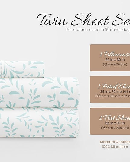Linen Market 3 Piece Twin Bedding Sheet Set (Light Blue Vines) - Sleep Better Than Ever with These Ultra-Soft & Cooling Bed Sheets for Your Twin Size Bed - Deep Pocket Fits 16" Mattress - LeafyLoom