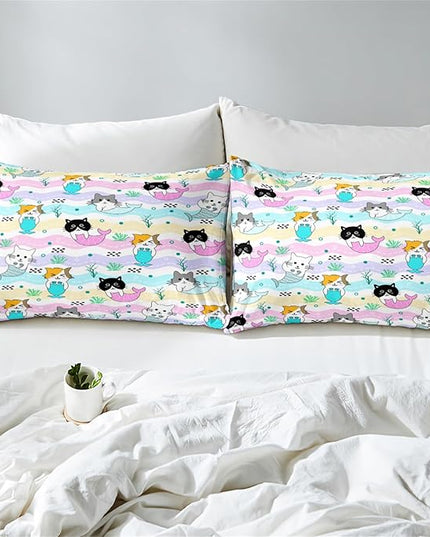 Girls Cat Bedding Set Queen Size - 3Pcs Cute Cartoon Mermaid Tail Cat Patterns Comforter Set for Girls Boys Kids Bedroom Cat Bedding Room Decor for All Season, 1 Comforter 2 Pillow Cases - LeafyLoom