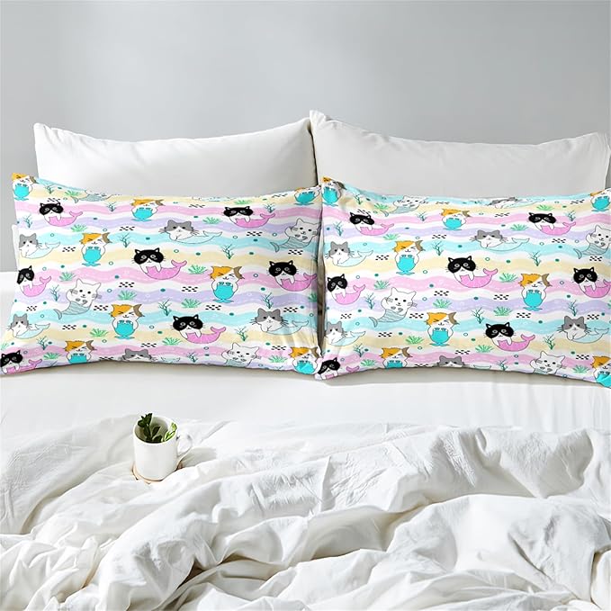 Cartoon Cat Comforter Set for Girls - Full Size Girls Cat Bedding Set for Bedroom Ultra Soft Warm Cute Mermaid Tail Cat Patterns Comforter Set for All-Season, 1 Comforter with 2 Pillowcases - LeafyLoom