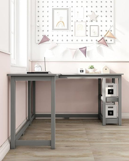 Max & Lily Solid Wood Corner Desk, 55 x 55 Inches, Grey - LeafyLoom