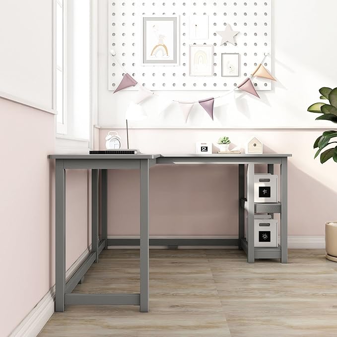 Max & Lily Solid Wood Corner Desk, 55 x 55 Inches, Grey - LeafyLoom