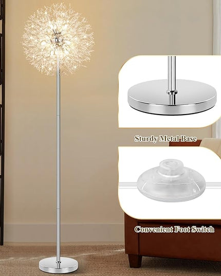 BesLowe 69'' Crystal Floor Lamp for Living Room, Modern Standing Lamp with 738PCS K9 Crystals, Tall Lamp Pole Light for Bedroom Office, Mid Century Silver Floor Lighting with 9 LED Bulbs, Chrome - LeafyLoom