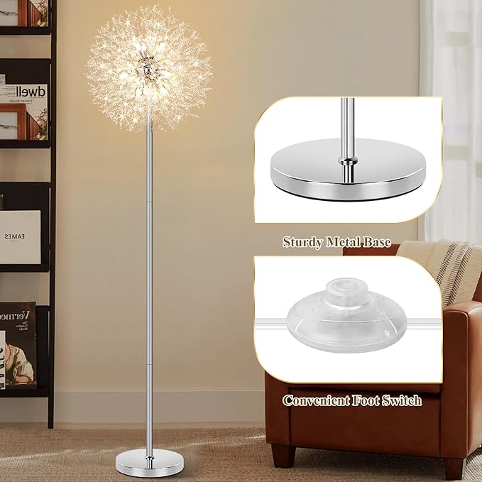 BesLowe 69'' Crystal Floor Lamp for Living Room, Modern Standing Lamp with 738PCS K9 Crystals, Tall Lamp Pole Light for Bedroom Office, Mid Century Silver Floor Lighting with 9 LED Bulbs, Chrome - LeafyLoom