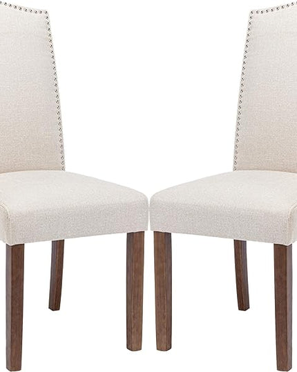 Stylish Upholstered Parsons Nailhead Trim and Sturdy Solid Wood Legs Dining Chairs, Set of 2, Cream - LeafyLoom