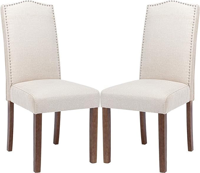 Stylish Upholstered Parsons Nailhead Trim and Sturdy Solid Wood Legs Dining Chairs, Set of 2, Cream - LeafyLoom