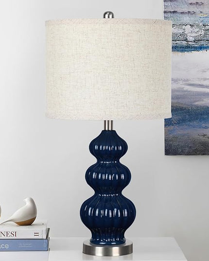 25" Ceramic Table Lamp Navy Blue Triple Gourd Ceramic Lamp Table Lamp Modern Lamp for Bedroom Living Room, 3-Way Dimmable Bulb Included (Blue) - LeafyLoom