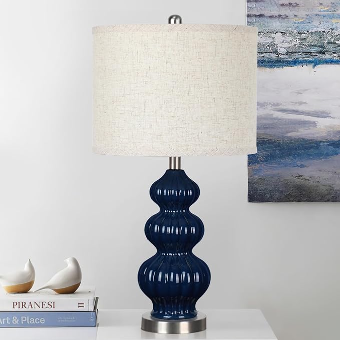 25" Ceramic Table Lamp Navy Blue Triple Gourd Ceramic Lamp Table Lamp Modern Lamp for Bedroom Living Room, 3-Way Dimmable Bulb Included (Blue) - LeafyLoom