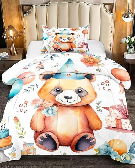 Brown Panda Twin Comforter Set - 2Pcs Cartoon Panda Twin Bedding Set for Boys Girls Kids Lovely Animals Cake Theme Comforter with 1 Quilt and 1 Pillowcase All Seasons Boys Girls Gifts, Twin Size - LeafyLoom