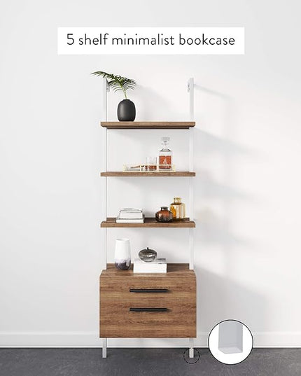 Nathan James Theo Industrial Bookshelf with Wood Drawers and Matte Steel Frame, 3-Shelf, Oak/White - LeafyLoom
