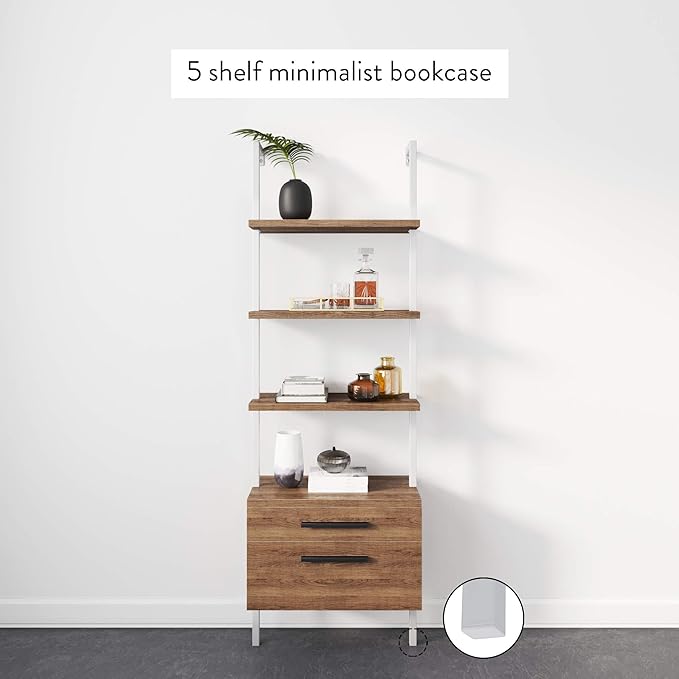 Nathan James Theo Industrial Bookshelf with Wood Drawers and Matte Steel Frame, 3-Shelf, Oak/White - LeafyLoom