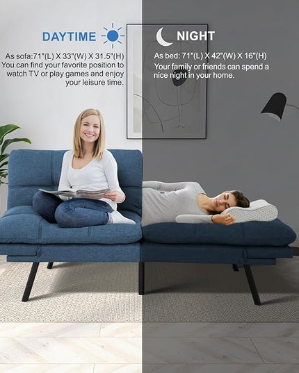 MUUEGM Futon Sofa Bed,Convertible Memory Foam Futons Couch Bed,Folding Sofa Bed Sleeper Couch Loveseat for Living Room,office,Apartment,Small Space,Adjustable Backrest Armrests,Blue - LeafyLoom