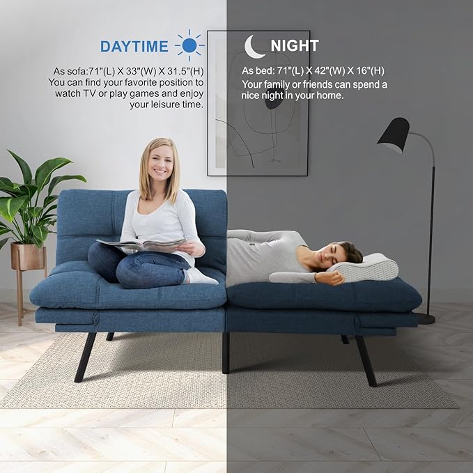 MUUEGM Futon Sofa Bed,Convertible Memory Foam Futons Couch Bed,Folding Sofa Bed Sleeper Couch Loveseat for Living Room,office,Apartment,Small Space,Adjustable Backrest Armrests,Blue - LeafyLoom