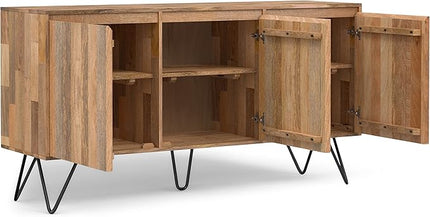SIMPLIHOME Hunter SOLID MANGO WOOD and Iron 60 inch x 18 inch Rectangle Contemporary 3 Door Sideboard Buffet in Natural for The Dining Room and Kitchen - LeafyLoom