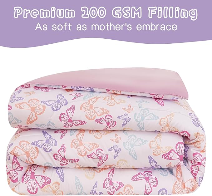 Butterfly Kids Comforter Set for Girls Full Size, Cute Reversible Quilted Lavender Printed Bedding Set with Pillow Sham, Lightweight Soft Breathable Machine Washable Bed Set 3 Piece - LeafyLoom