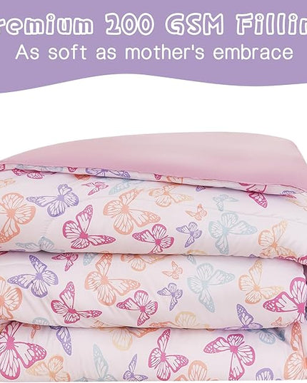 Butterfly Kids Comforter Set for Girls Twin, Cute Reversible Quilted Lavender Printed Bedding Set with Pillow Sham, Lightweight Soft Breathable Machine Washable Bed Set 2 Piece - LeafyLoom