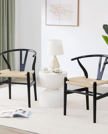 Farini Wishbone Chairs for Dining Room Solid Wood Rattan Chair Armchairs Y Shaped Backrest Hemp Seat for Home Restaurant Fully-Assembled(Set of 2,Black-Beige Seat) - LeafyLoom