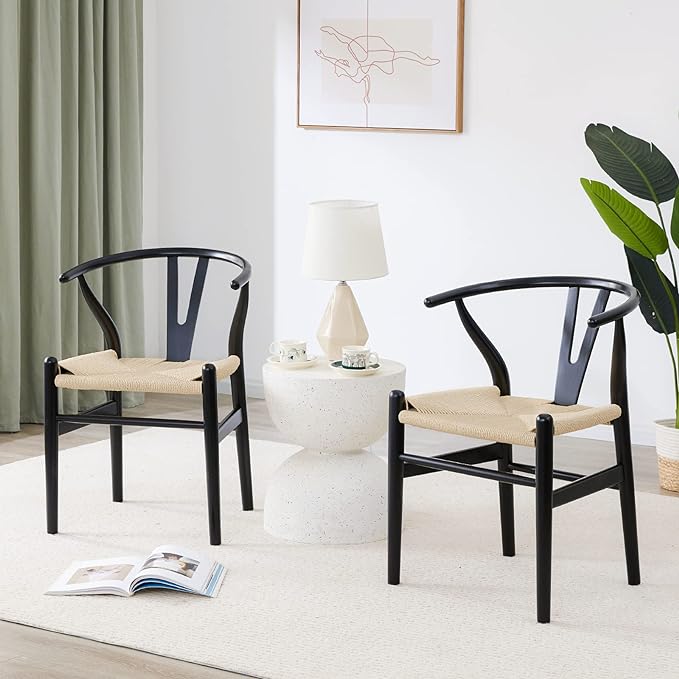Farini Wishbone Chairs for Dining Room Solid Wood Rattan Chair Armchairs Y Shaped Backrest Hemp Seat for Home Restaurant Fully-Assembled(Set of 2,Black-Beige Seat) - LeafyLoom