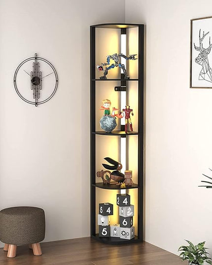 VTRIN Corner Shelf with Light, Modern Home Decor Stand Floor Lamps with Storage Shelves for Collectibles, Sturdy 5-Tier Corner Bookshelf Cabinet Display Shelf for Living Room Bedroom Small Space - LeafyLoom