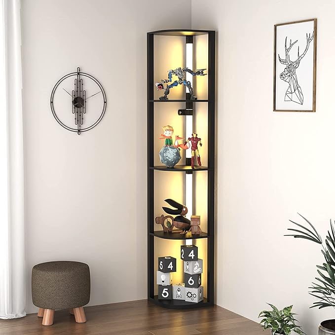 VTRIN Corner Shelf with Light, Modern Home Decor Stand Floor Lamps with Storage Shelves for Collectibles, Sturdy 5-Tier Corner Bookshelf Cabinet Display Shelf for Living Room Bedroom Small Space - LeafyLoom